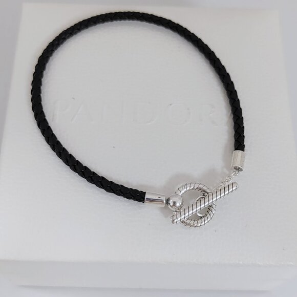 Pandora Moments Braided Leather T-bar Bracelet with box - Picture 3 of 4